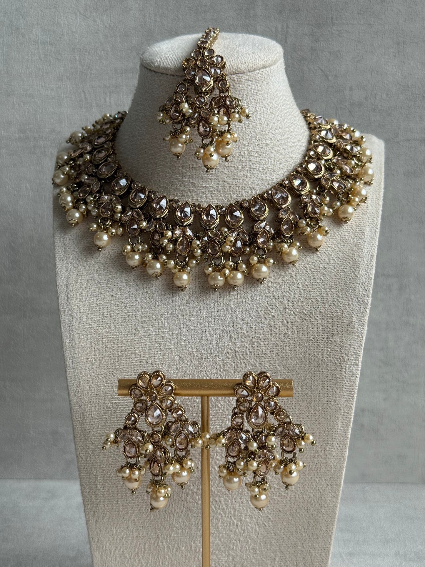 Ayura Designs Rameen Set – Necklace, Earrings & Tikka with Champagne Stones, Ivory Pearls & Antique Gold Finish