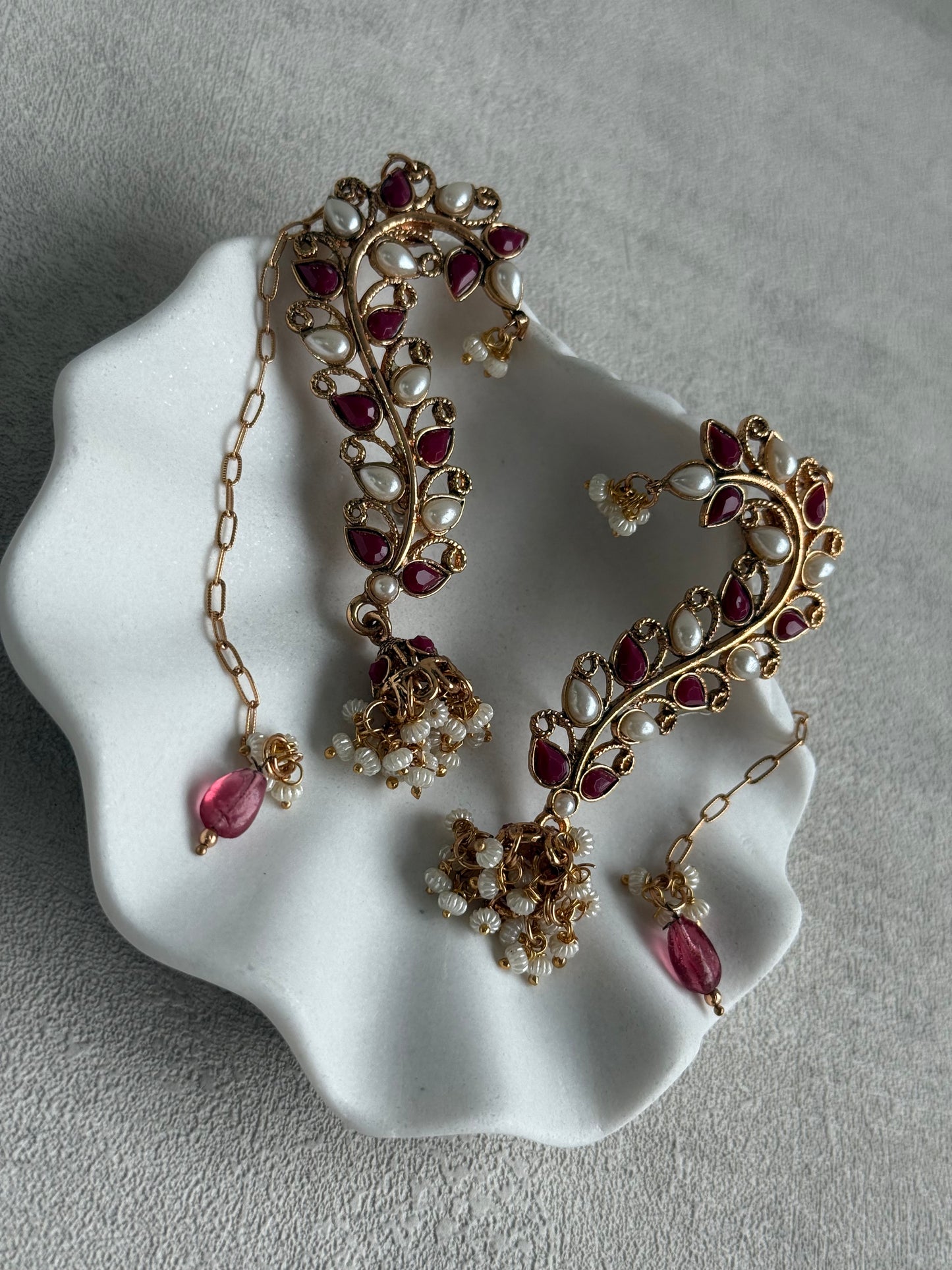 Ayura Designs Mastani Earrings – Gold Ear Climbers with Ruby Stones, Pearls & Jhumki Drops
