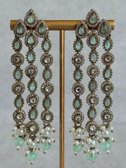 Ayura Designs Emilia Earrings – Gold Triple Strand Statement Earrings with Mint Green Stones & Pearl Drops