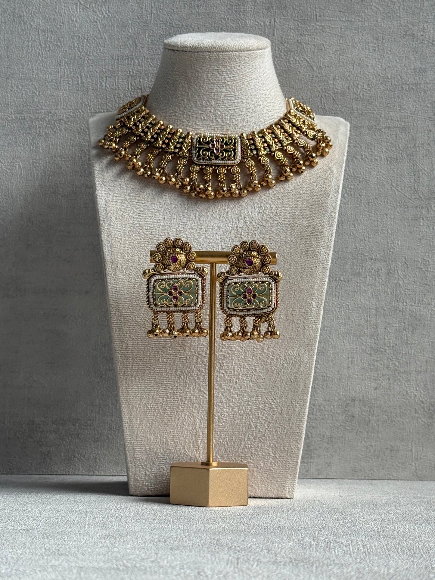 Ayura Designs Uma Set – Antique Gold Necklace & Earrings with Mint Green Enamel, Ruby Meenakari & Pearl Detailing