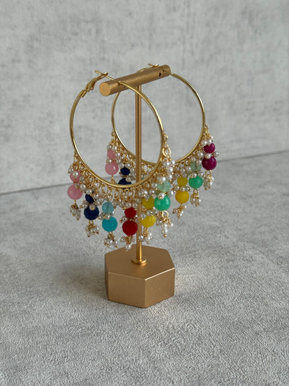 Ayura Designs Bijli Balis – Multicolour Beads, Pearl Clusters, Gold-Tone Hoop Earrings
