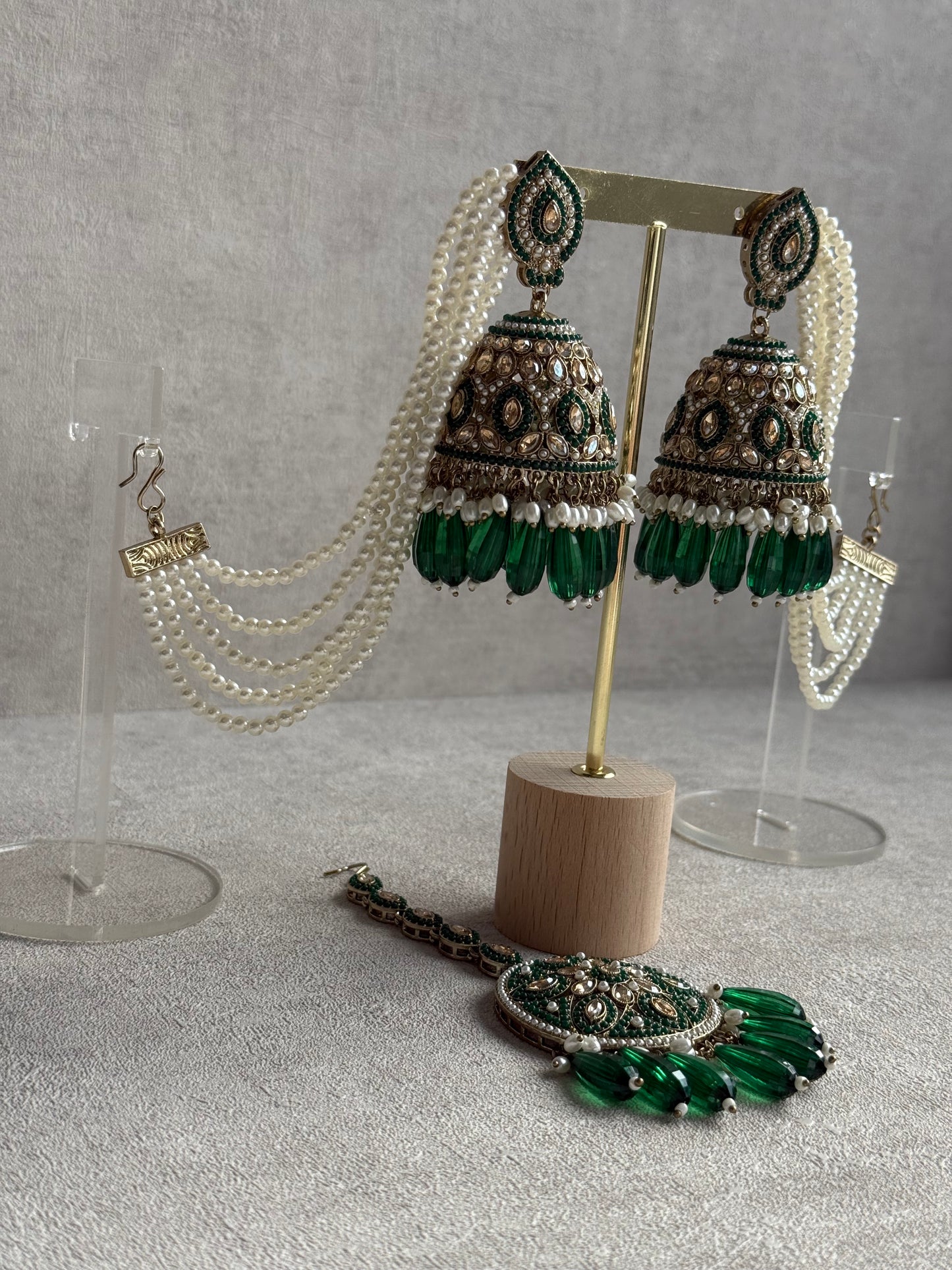Ayura Designs Amrita Set – Jhumkis with Sahare & Tikka in Emerald Green Beads, Pearls and Antique Gold Finish