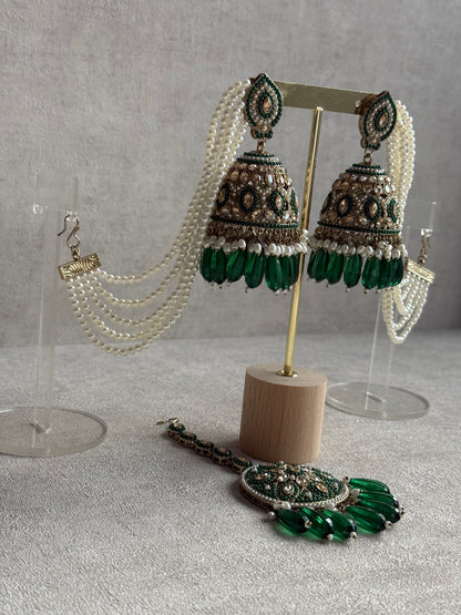 Ayura Designs Amrita Set – Jhumkis with Sahare & Tikka in Emerald Green Beads, Pearls and Antique Gold Finish