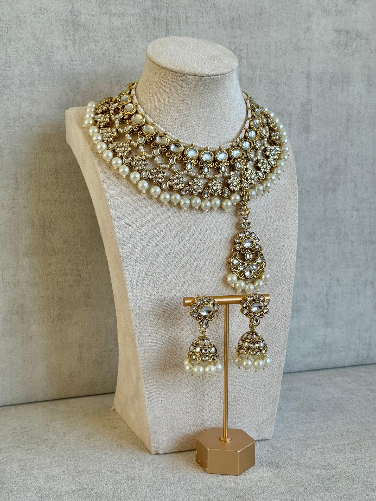 Ayura Designs Tehzeeb Set – Necklace, Tikka & Jhumkas in Antique Gold and Pearls