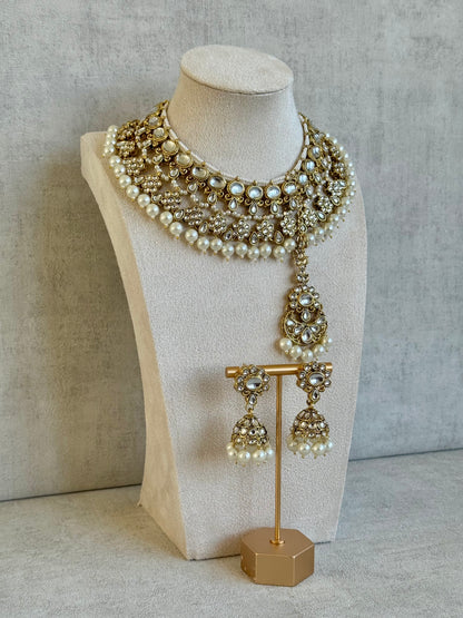Ayura Designs Tehzeeb Set – Necklace, Tikka & Jhumkas in Antique Gold and Pearls