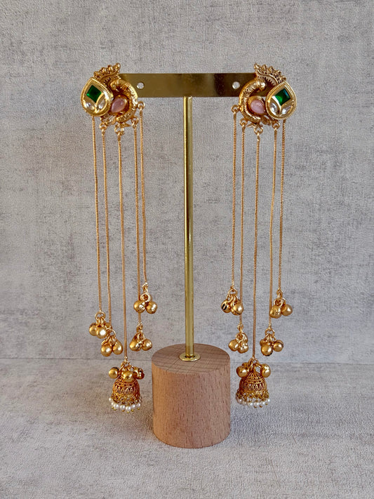 Ayura Designs Morira Earrings – Antique Gold Jhumki Earrings with Kundan Stones, Chains & Ghungroo Detailing