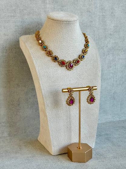 Ayura Designs Maanya Set with Earrings – Multicolour Stones with Rani Pink Centre & Crystal Detailing