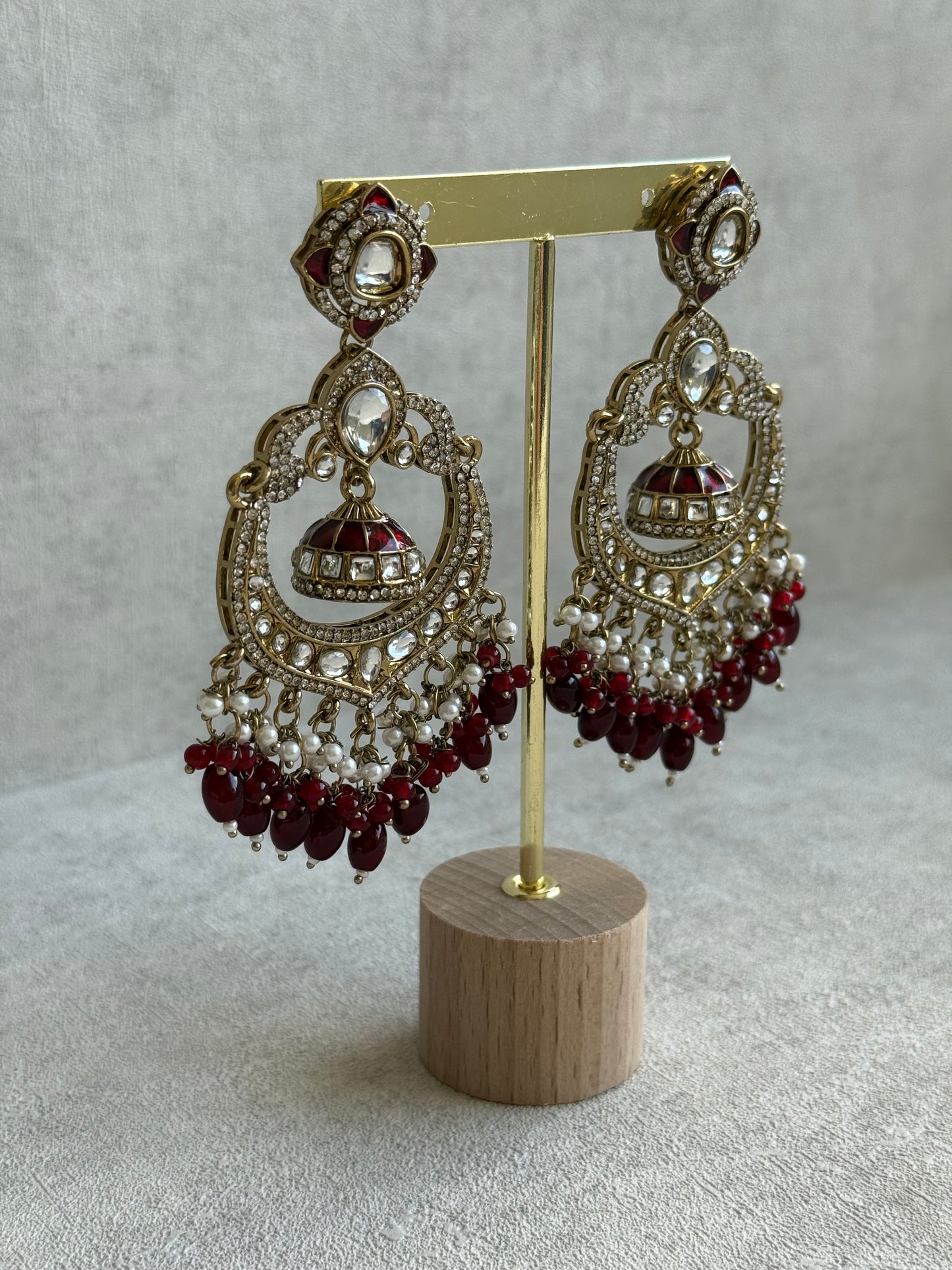 Ayura Designs Reha Earrings – Statement Chandbalis with Maroon Beads, Pearls & Mirror-Cut Stones