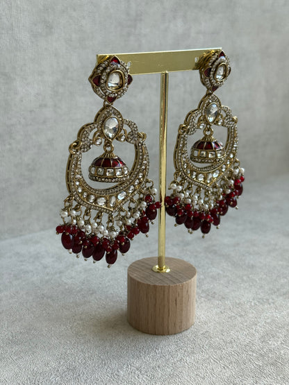 Ayura Designs Reha Earrings – Statement Chandbalis with Maroon Beads, Pearls & Mirror-Cut Stones