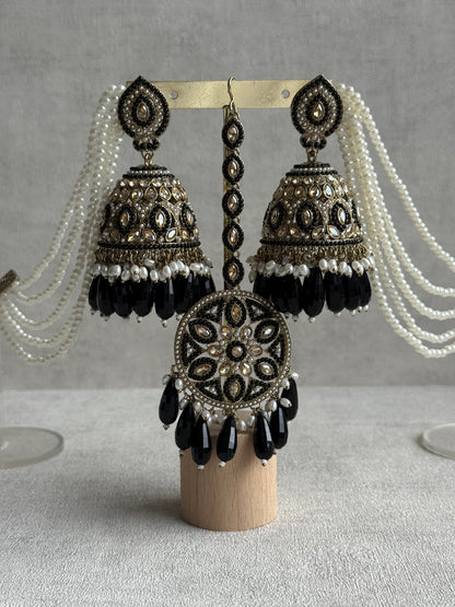 Ayura Designs Amrita Set – Jhumkis with Sahare & Tikka in Black, Pearls and Antique Gold Finish
