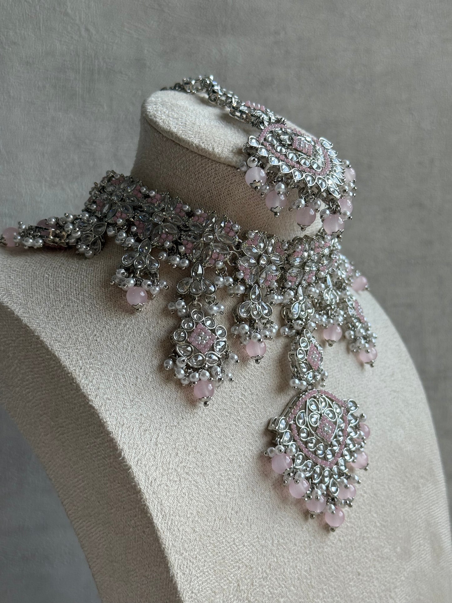 Ayura Designs Kanika Set – Necklace, Earrings & Tikka with Blush Pink Beads, Mirror-Cut Stones & Silver Finish