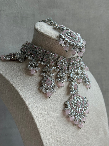 Ayura Designs Kanika Set – Necklace, Earrings & Tikka with Blush Pink Beads, Mirror-Cut Stones & Silver Finish