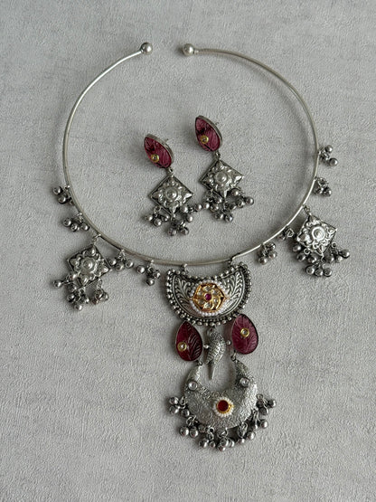 Ayura Designs Jiyana Collar Necklace Set – Rose Pink Carved Teardrop Stones & Oxidised Silver Finish