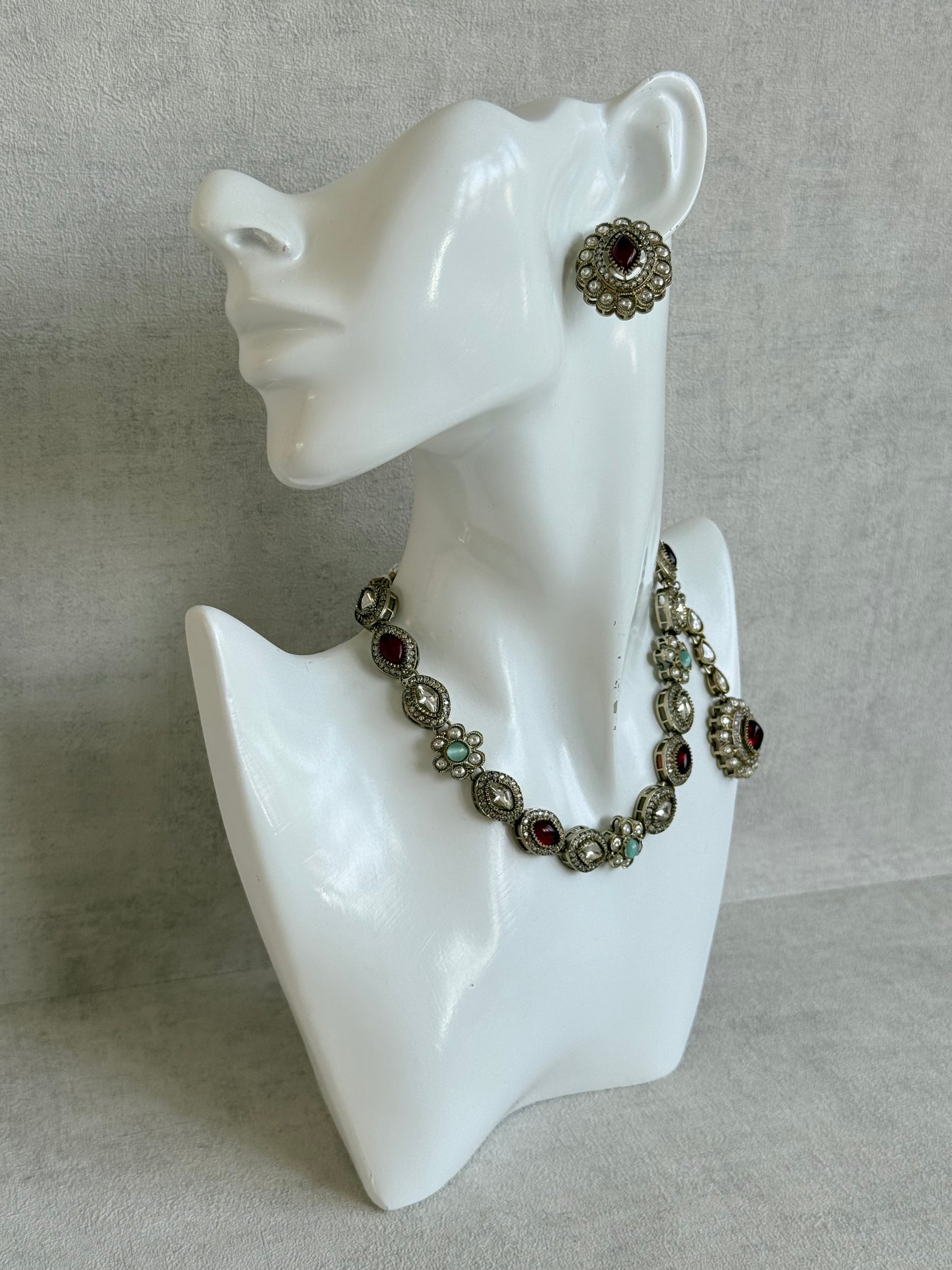 Ayura Designs Ivy Necklace Set with Studs & Tikka – Ruby Red & Mint Green Kundan Detailing
