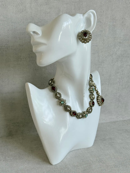 Ayura Designs Ivy Necklace Set with Studs & Tikka – Ruby Red & Mint Green Kundan Detailing