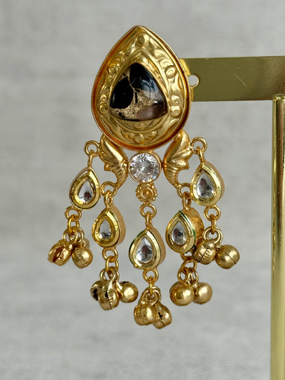 Ayura Designs Arheer Earrings – Onyx & Bronze Marble with Kundan Detailing & Antique Gold Ghungroos