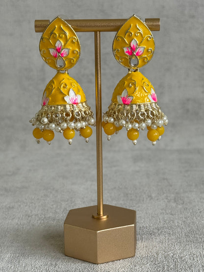 Ayura Designs Gia Jhumkis – Mustard Yellow Meenakari with Pink Lotus Motifs & Ivory Pearl Drops