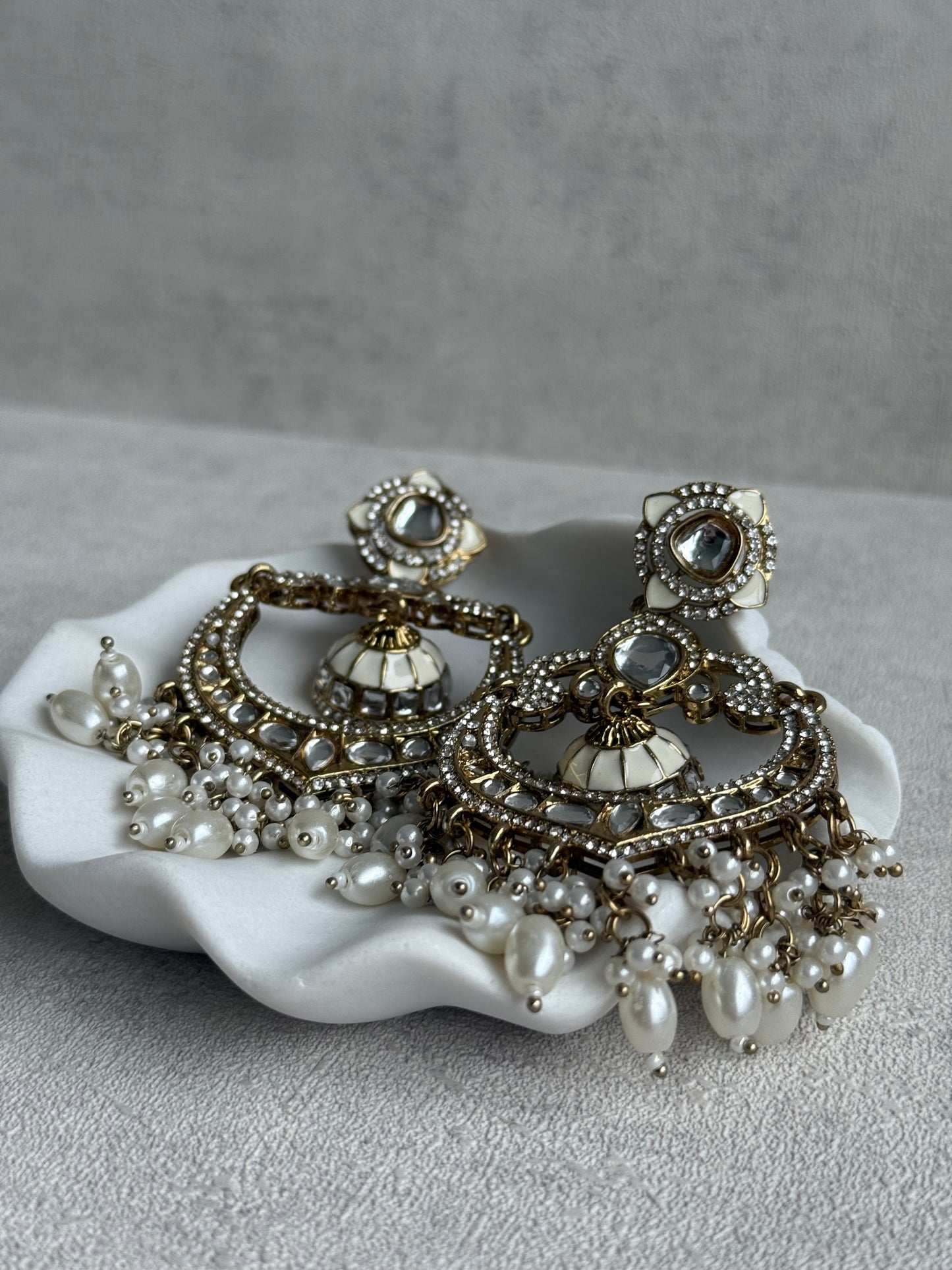 Ayura Designs Reha Earrings – Statement Chandbalis with Ivory Pearls & Mirror-Cut Stones