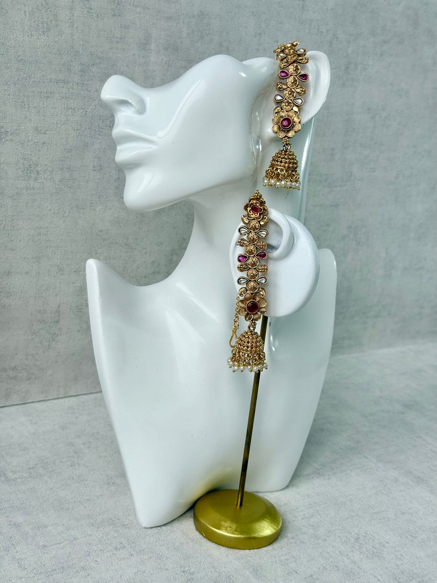 Ayura Designs Keerti Jhumkis – Antique Gold Kannauti Earrings with Ruby Pink Stones, Mirror-Cut Detailing & Pearl Drops