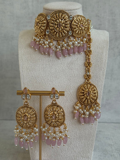 Ayura Designs Tanveer Choker Set with Earrings & Tikka – Antique Gold with Mirror-Cut Stones, Ruby & Emerald Beads