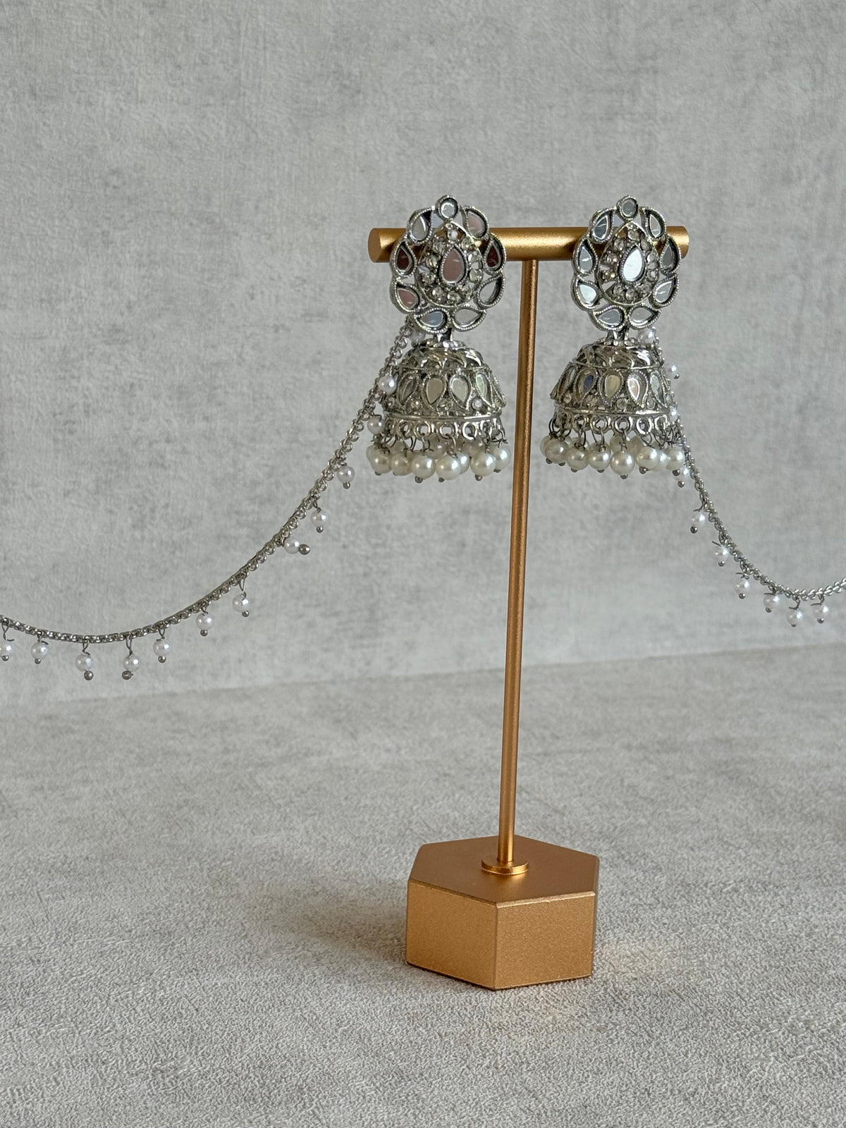 Ayura Designs Mira Jhumkis – Silver Mirror-Cut Earrings with Detachable Single-Layer Pearl Sahare