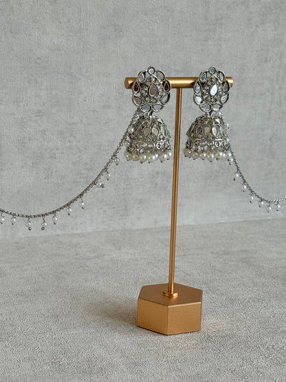 Ayura Designs Mira Jhumkis – Silver Mirror-Cut Earrings with Detachable Single-Layer Pearl Sahare