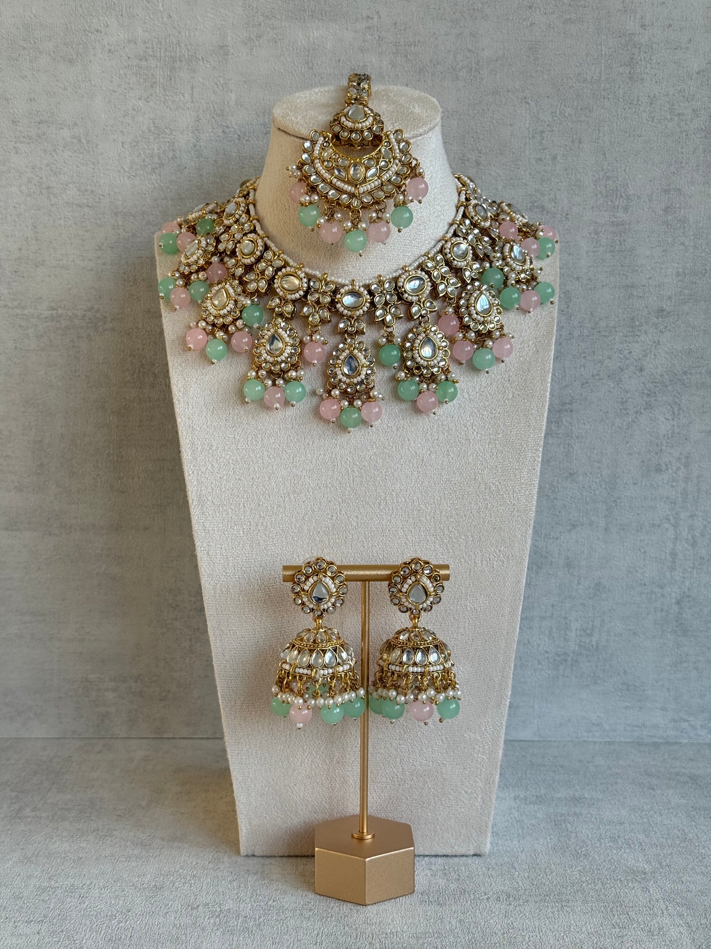 Ayura Designs Iyla Set with Necklace, Earrings & Tikka – Kundan Detailing, Ivory Pearl Drops & Mint & Blush Beads