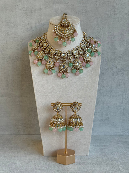 Ayura Designs Iyla Set with Necklace, Earrings & Tikka – Kundan Detailing, Ivory Pearl Drops & Mint & Blush Beads