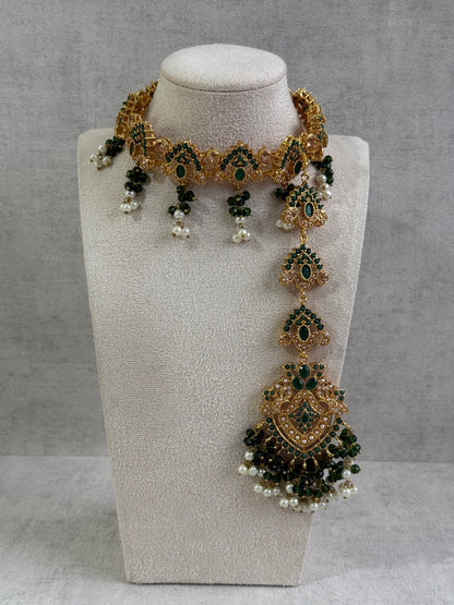 Ayura Designs Noor Set – Choker, Jhumkis with Sahare & Tikka in Emerald Green with Pearl Detailing