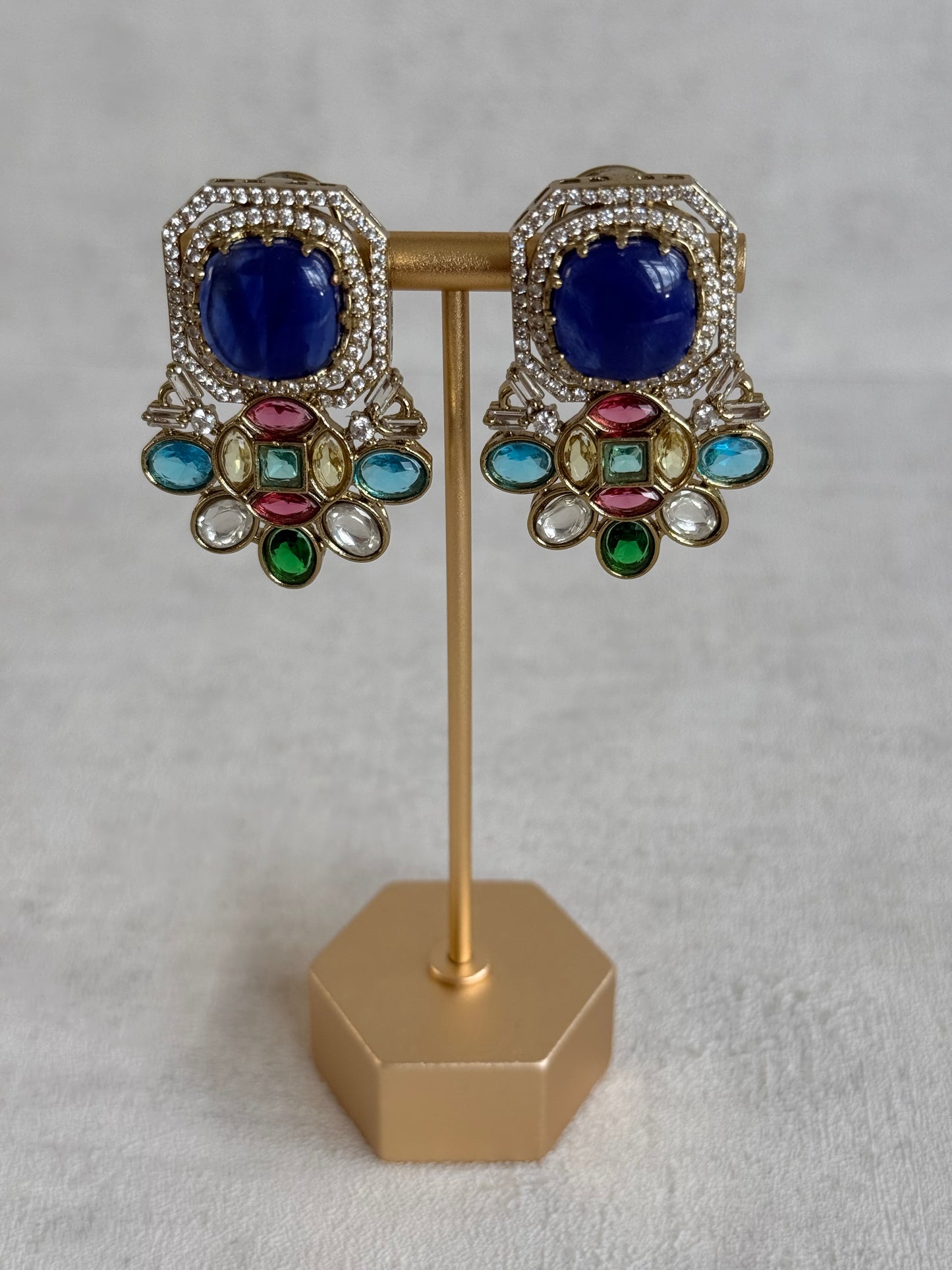 Ayura Designs Inez Earrings – Cobalt Blue Multicolour Statement Studs in Gold