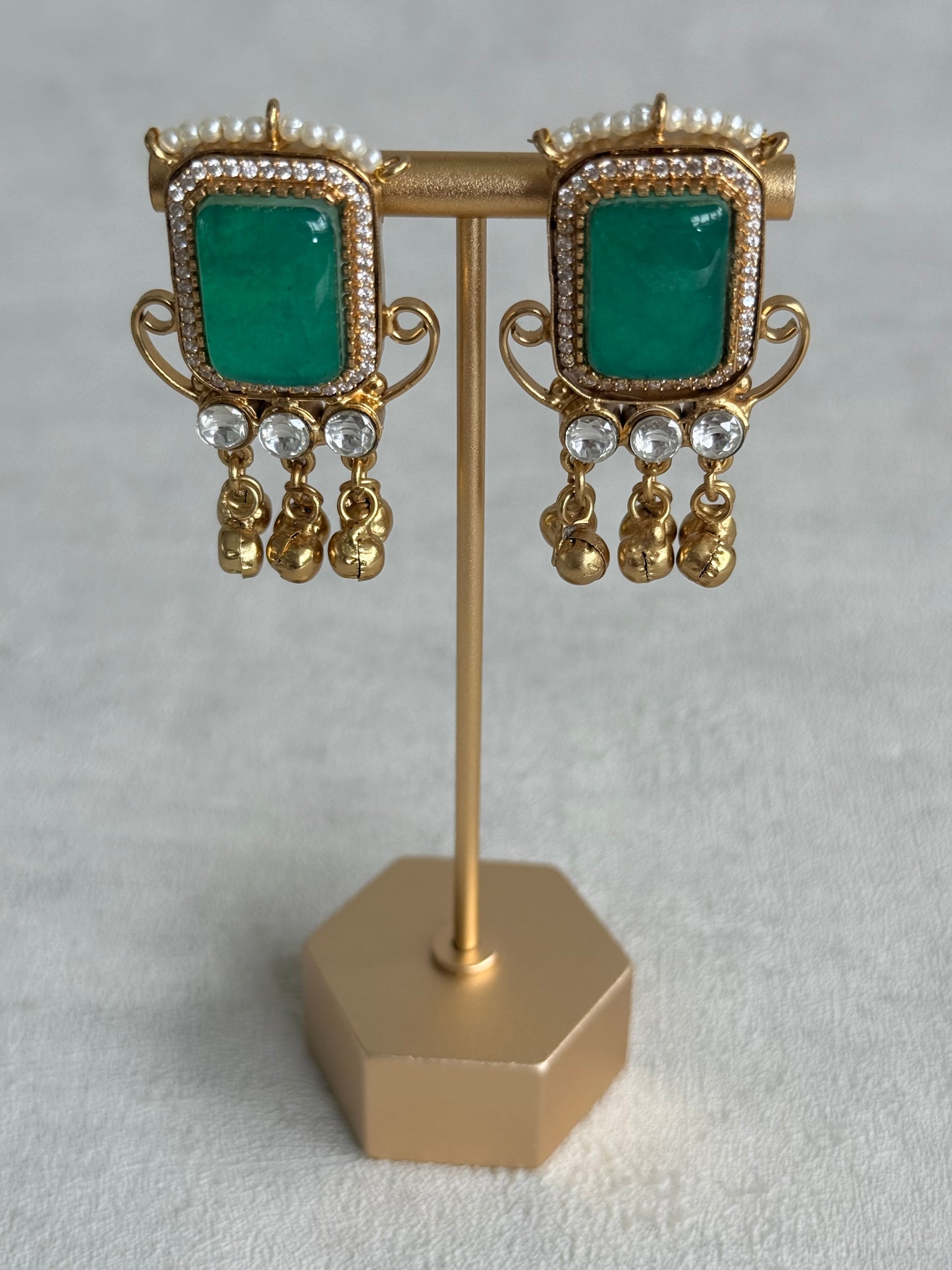 Ayura Designs Aleena Earrings – Emerald Green Stone Stud Earrings with Pearls & Ghungroo Detailing