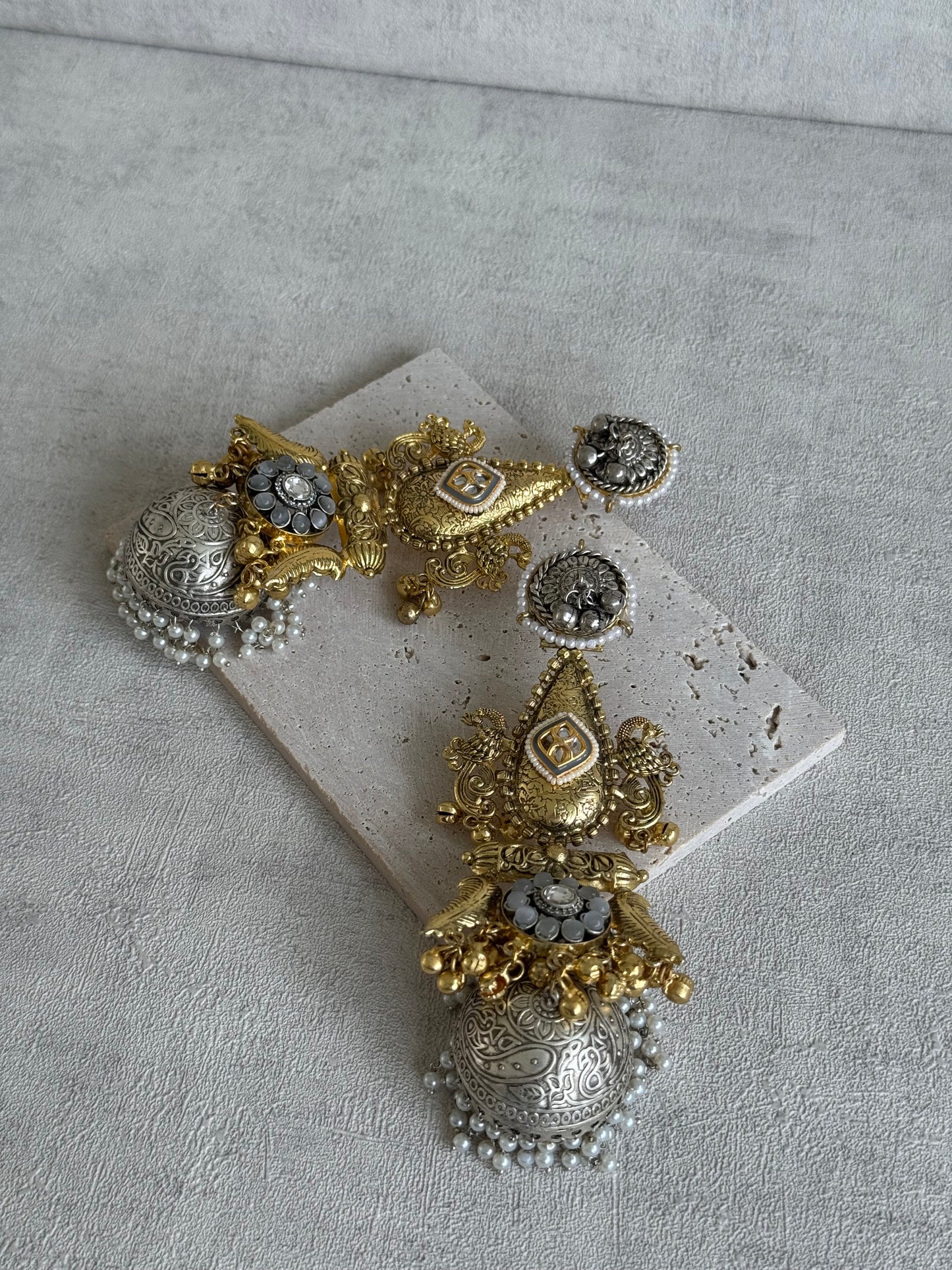 Ayura Designs Nooreh Earrings – Dual-Tone Oxidised Silver & Antique Gold with Bird Motifs, Kundan Detailing & Pearl-Draped Jhumkas