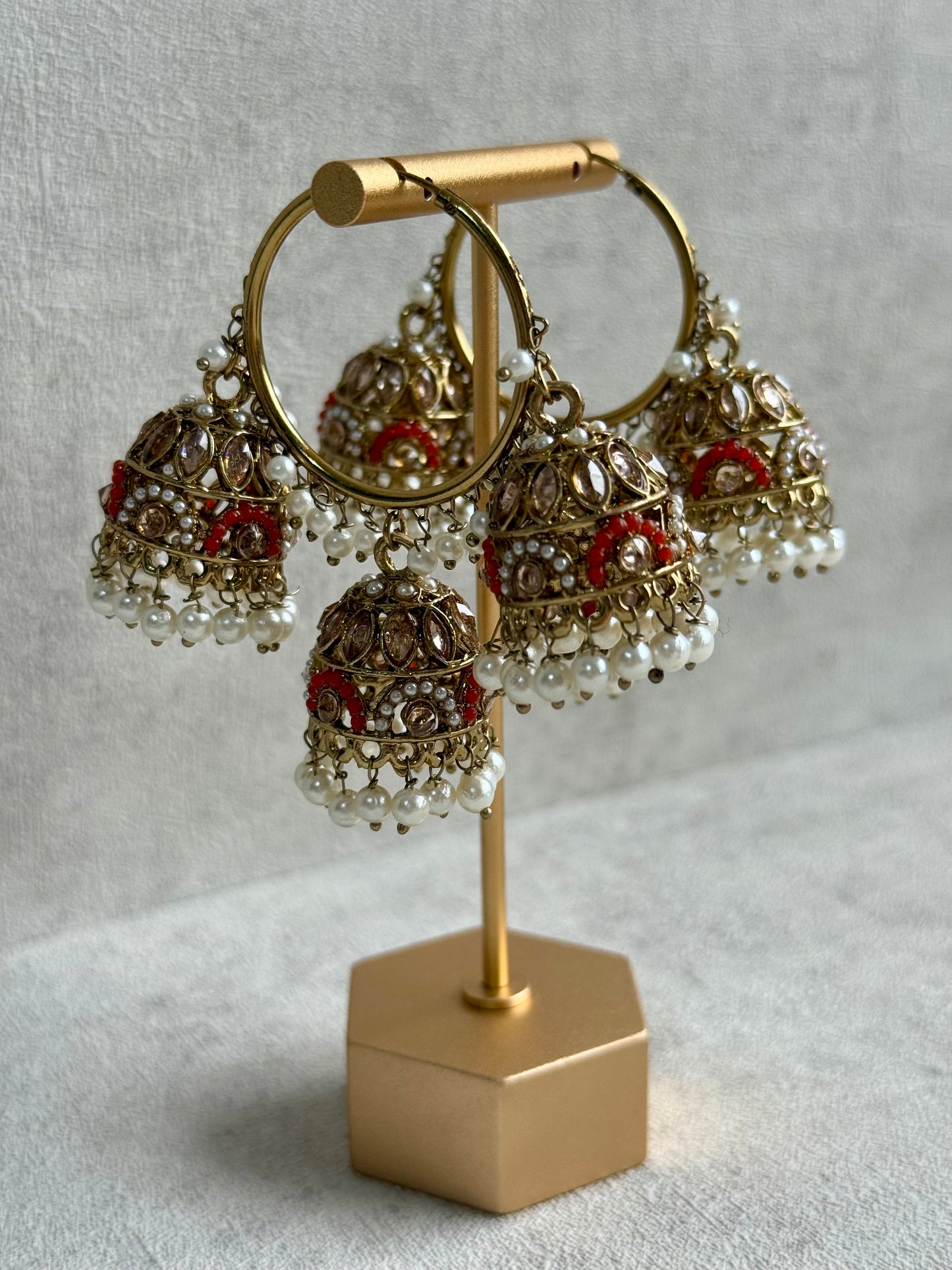 Ayura Designs Nakhra Balis – Orange Triple Dome Earrings with Mirror-Cut Stones & Pearl Detailing