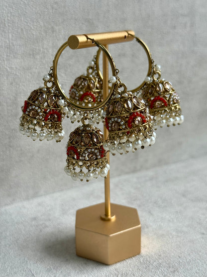 Ayura Designs Nakhra Balis – Orange Triple Dome Earrings with Mirror-Cut Stones & Pearl Detailing