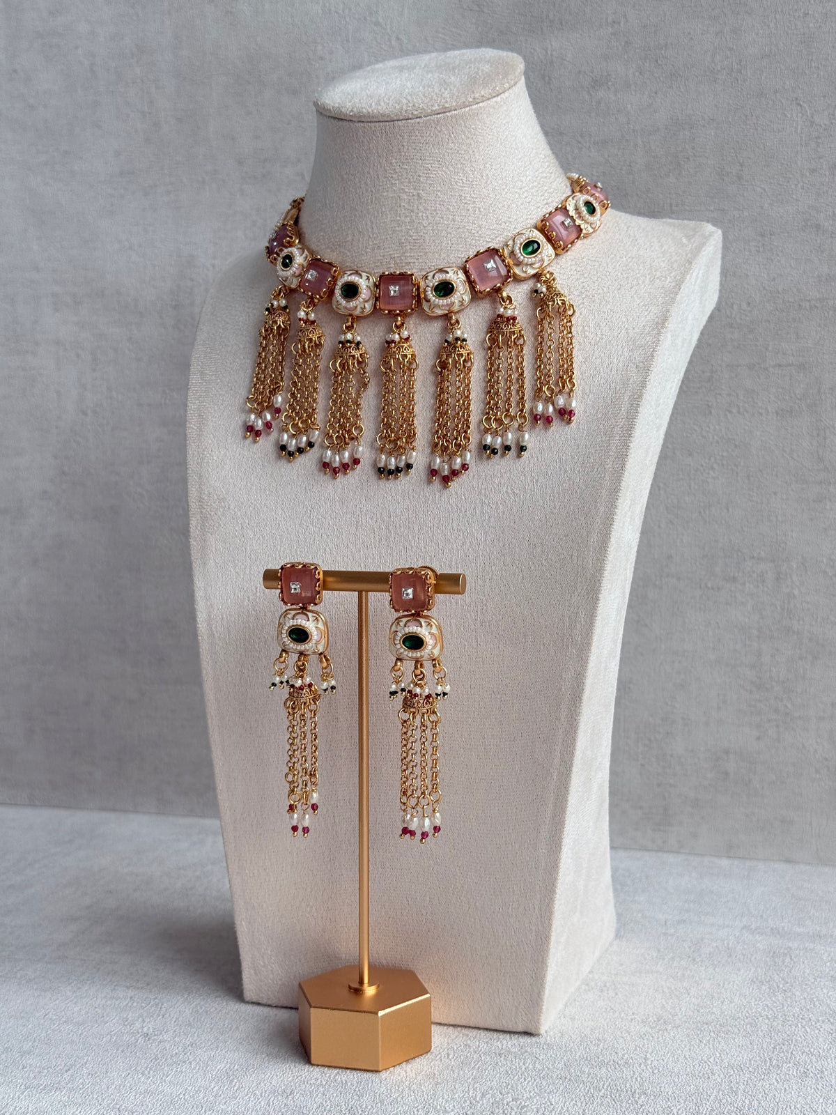 Ayura Designs Thansi Necklace Set with Earrings – Pink & Green Stones, Enamel Detailing, Chains with Pearl Drops & Gold Finish