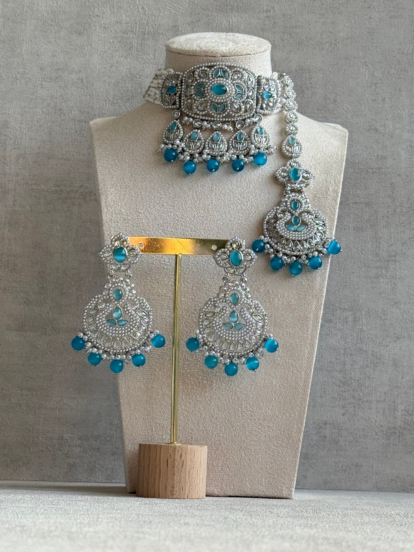 Ayura Designs Zarlish Set – Choker, Earrings & Tikka with Mirror-Cut Stones, Aqua Blue Beads & Silver Finish