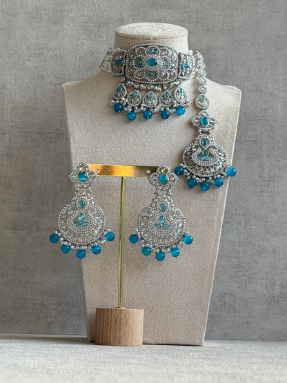 Ayura Designs Zarlish Set – Choker, Earrings & Tikka with Mirror-Cut Stones, Aqua Blue Beads & Silver Finish