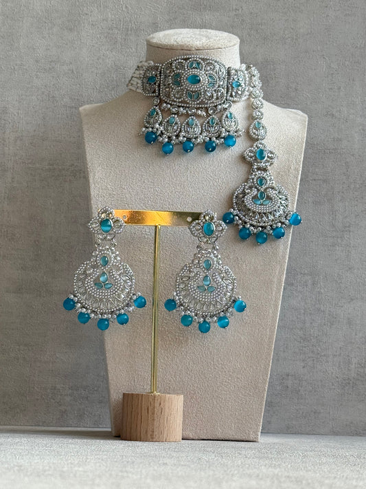 Ayura Designs Zarlish Set – Choker, Earrings & Tikka with Mirror-Cut Stones, Aqua Blue Beads & Silver Finish