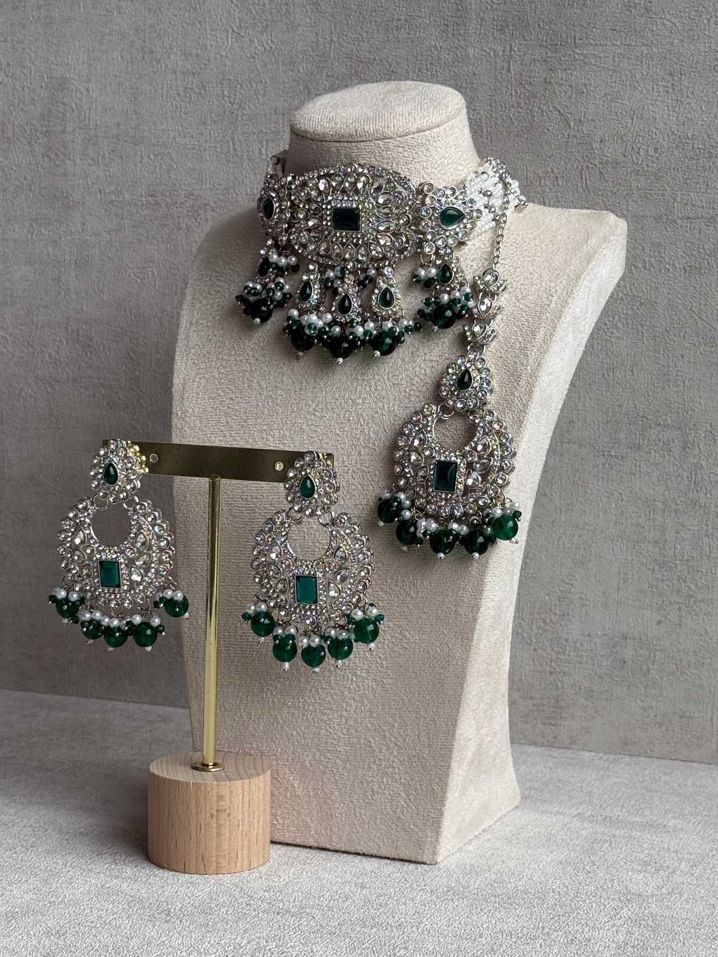 Ayura Designs Nandhini Set – Choker, Earrings & Tikka with Emerald Green Stones, Pearls & Silver Finish
