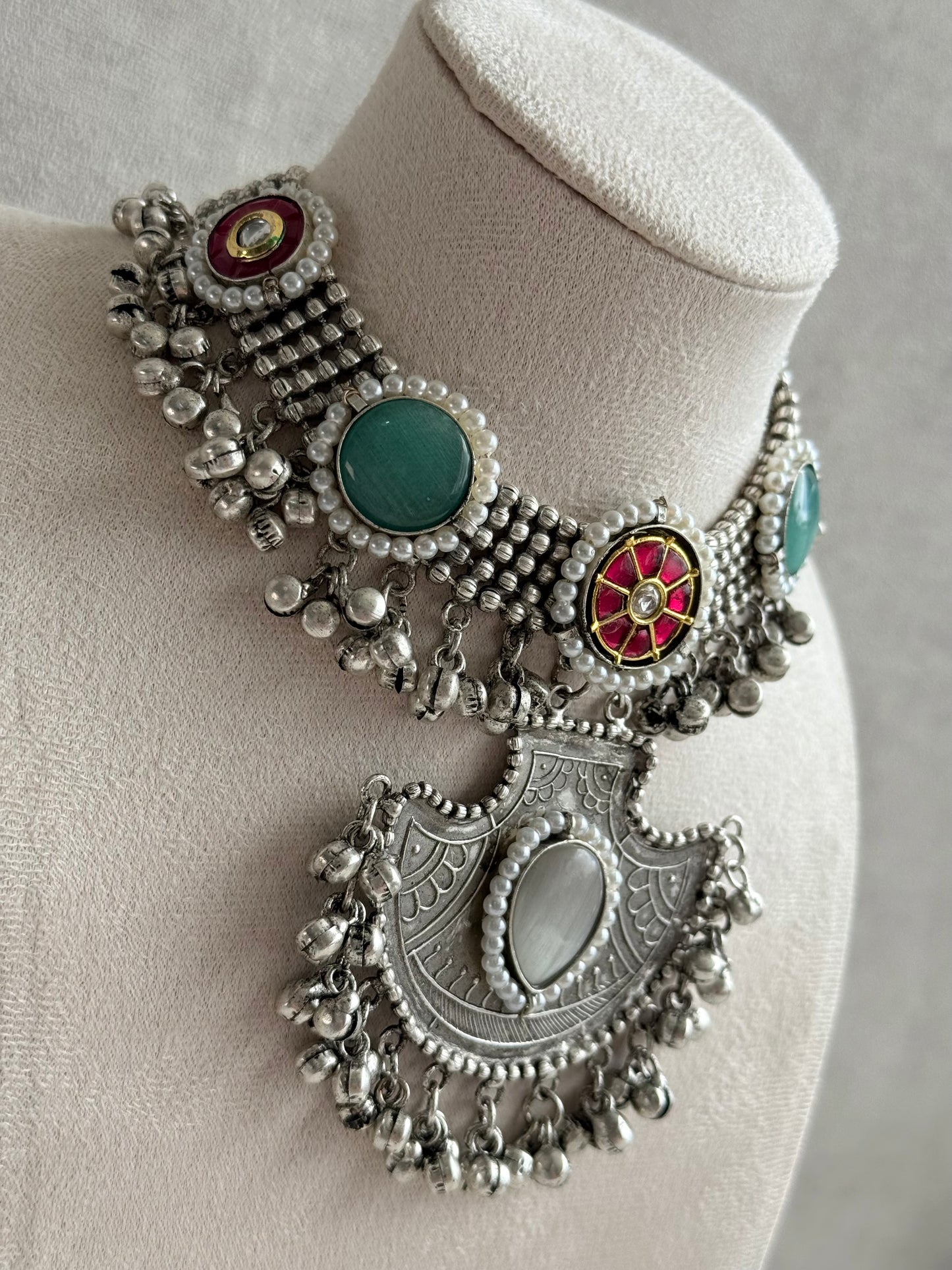 Ayura Designs Zareefa Necklace Set with Jhumkis – Oxidised Silver Pendant Necklace with Multicolour Stones, Pearl Detailing & Ghungroo Accents