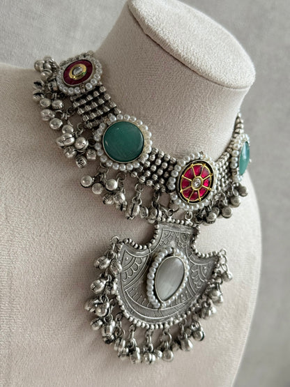 Ayura Designs Zareefa Necklace Set with Jhumkis – Oxidised Silver Pendant Necklace with Multicolour Stones, Pearl Detailing & Ghungroo Accents