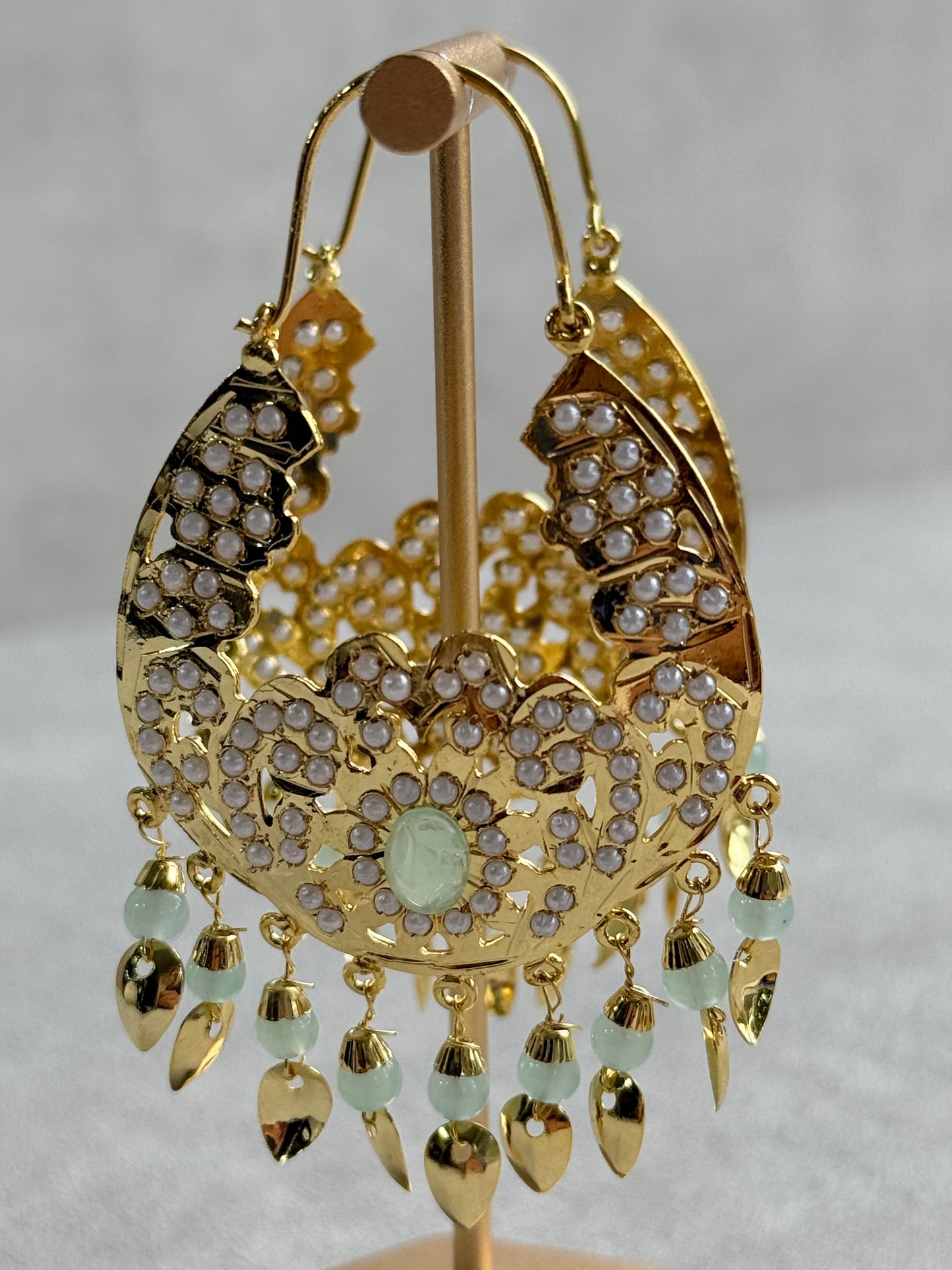Ayura Designs Nimrat Balis – Mint Green & Ivory Pearls with Pippal Patti & Gold Finish