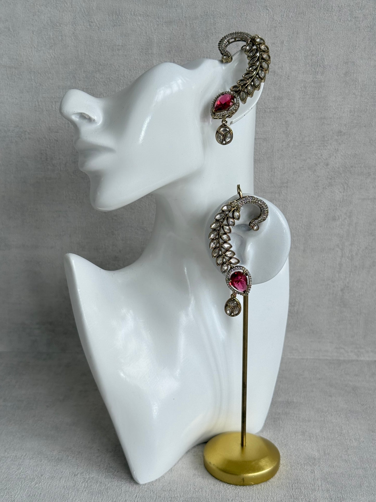 Ayura Designs Dvija Jhumkis – Ruby Pink Crystal Ear Cuff Earrings