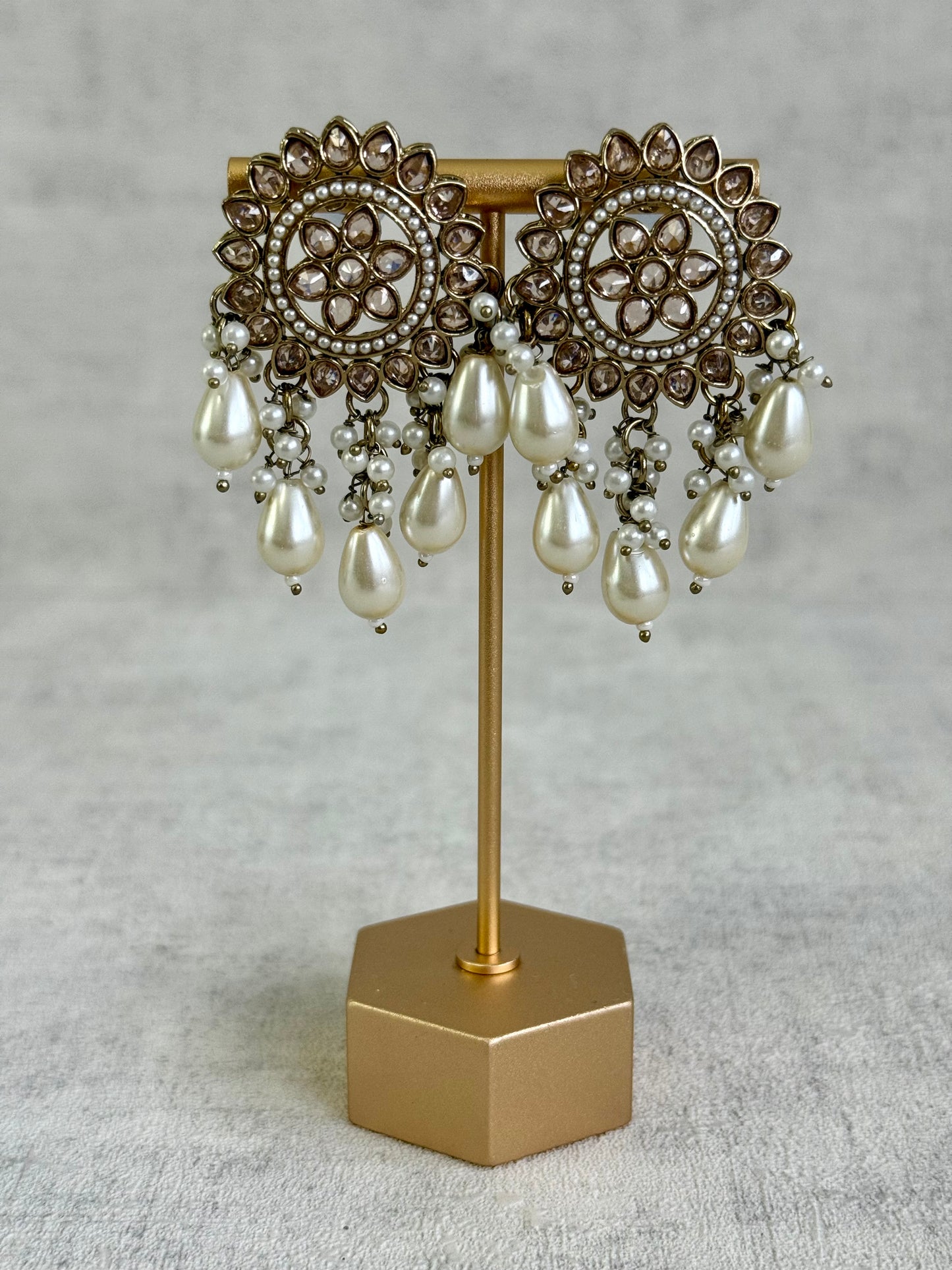 Ayura Designs Aynoor Lotus Ring Earrings – Antique Gold Finish with Mirror-Cut Stones & Pearl Drops