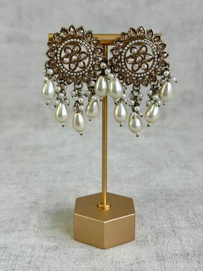 Ayura Designs Aynoor Lotus Ring Earrings – Antique Gold Finish with Mirror-Cut Stones & Pearl Drops