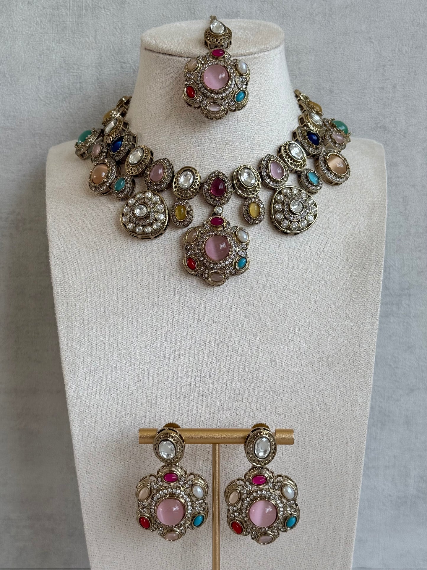 Ayura Designs Elvira Necklace Set with Earrings & Tikka – Multicolour Stone Necklace with Pink Centre Stones & Pearl Detailing