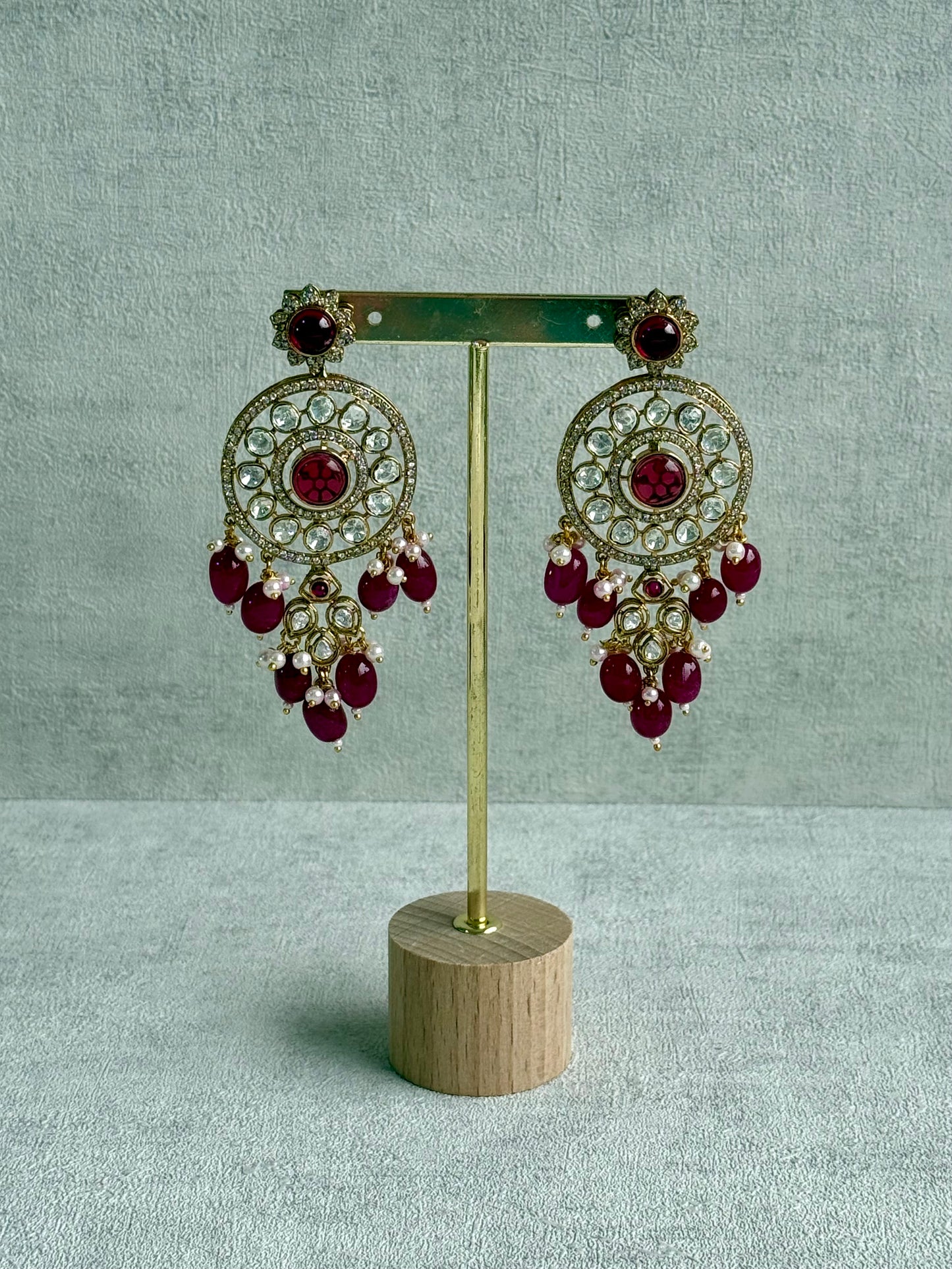 Ayura Designs Harper Set – Antique Gold Choker & Earrings with Deep Berry Pink Beads, Kundan Stones & Pearl Detailing