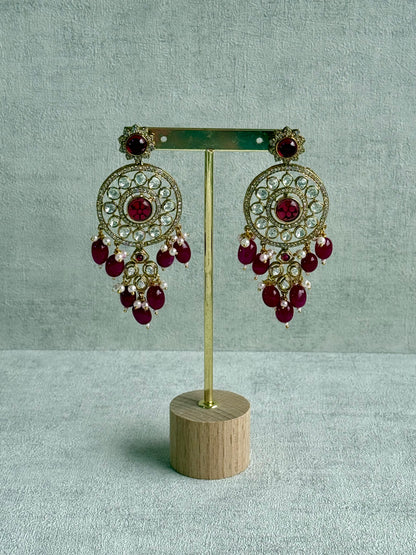 Ayura Designs Harper Set – Antique Gold Choker & Earrings with Deep Berry Pink Beads, Kundan Stones & Pearl Detailing