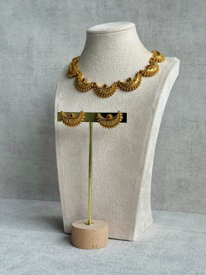 Ayura Designs Dhun Set – Necklace & Earrings with Antique Gold Crescent Motifs, Rani Pink & Emerald Detailing