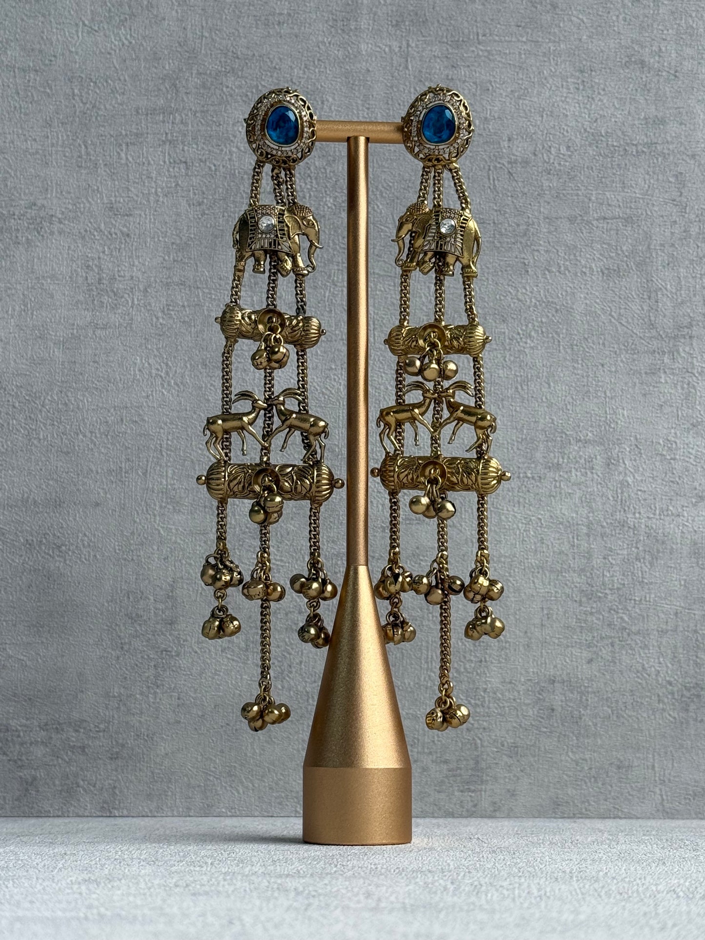 Ayura Designs Sonal Earrings – Antique Gold Dangler Earrings with Elephant & Deer Motifs, Blue Stone Tops & Ghungroo Detailing